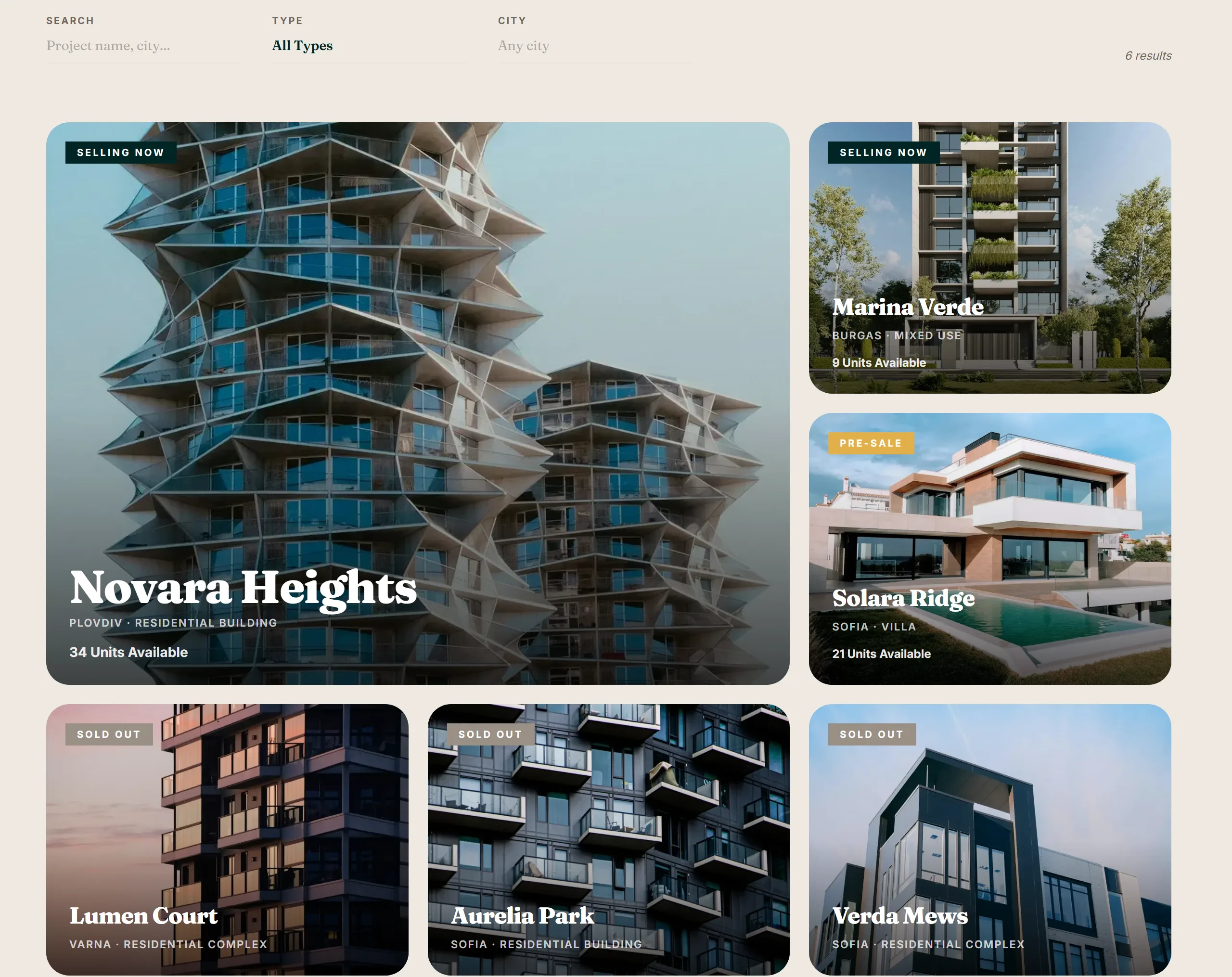 A developer's projects page on Habivo: six developments shown as photo tiles, each labelled selling now, pre-sale or sold out, with its city, property type and how many units are still available.